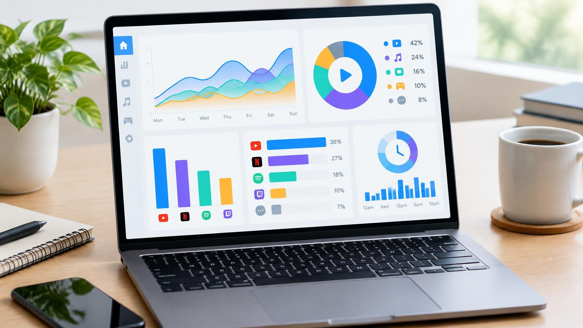 Analytics dashboard with charts on a laptop screen