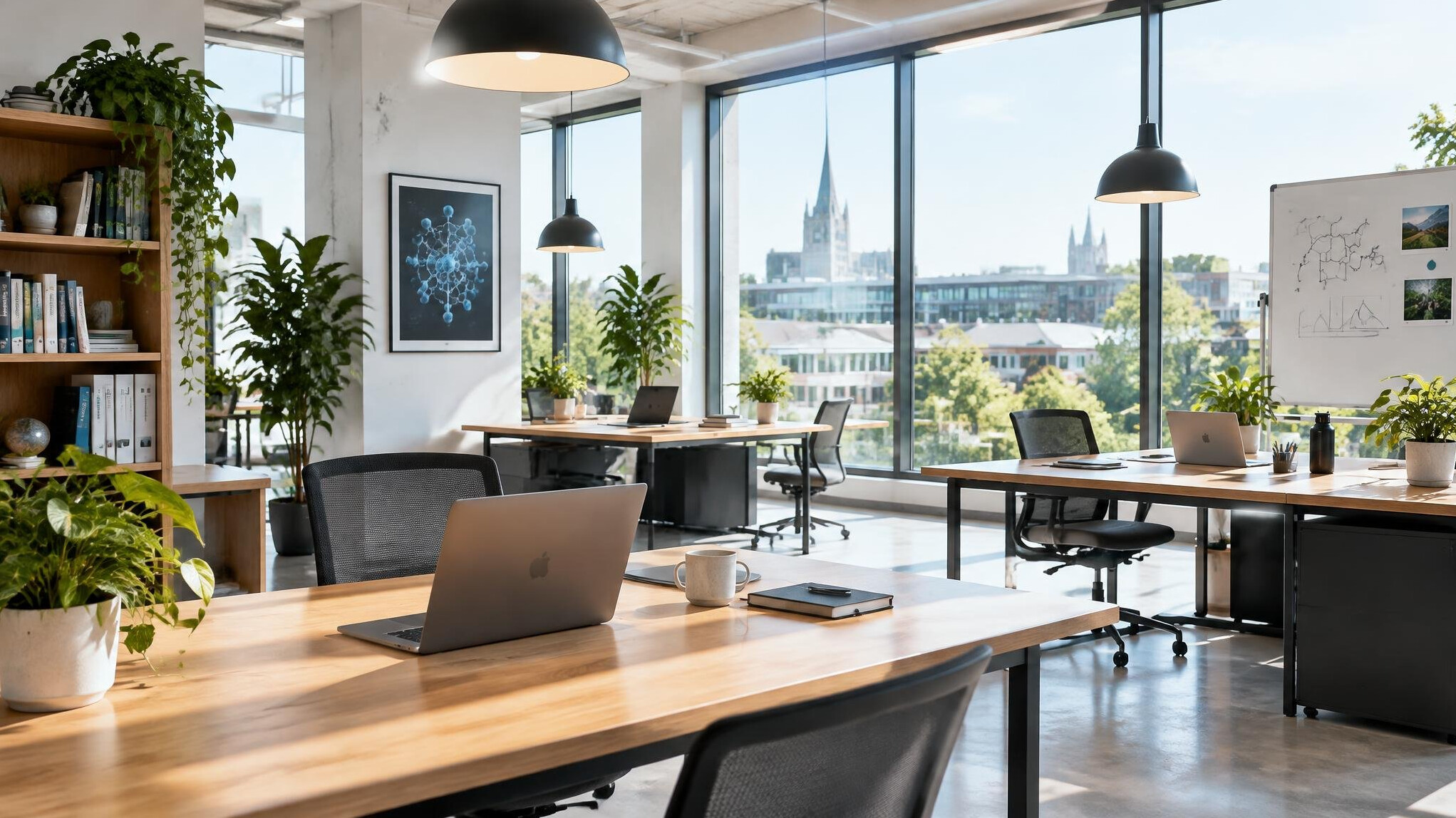 Bright modern research office with large windows and plants