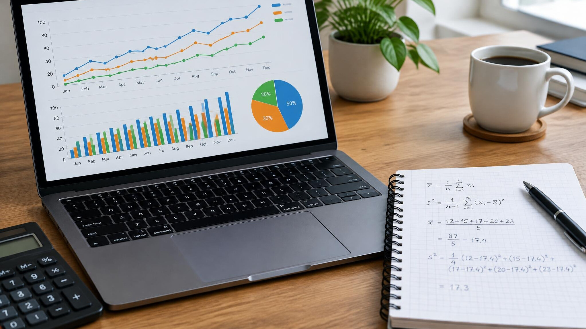 Laptop with statistical graphs and a notebook